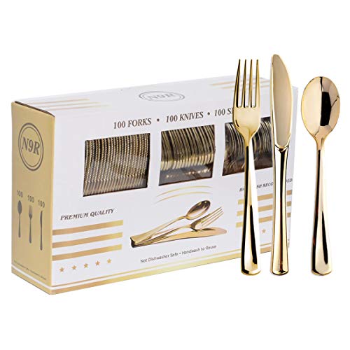 N9R 300PCS Gold Plastic Silverware, Heavy Duty Gold Plastic Cutlery Set Disposable Flatware Dinnerware, 100 Forks, 100 Spoons, 100 Knives, Perfect for Party, Wedding and Daily Use - color: Gold-300Pack