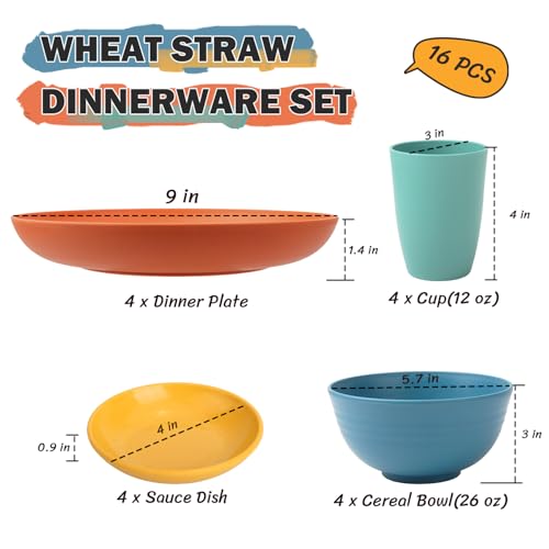 Wheat Straw Dinnerware Sets, Unbreakable Plates and Bowls Sets of 16, Kids Dinnerware Set Sevice for 4, Dishwasher & Microwave Safe Dish Set for Kitchen, Outdoor, Camping - Multi - color: Multicolor, size: 16 PCS
