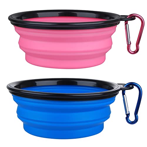 Dog Bowl Pet Collapsible Bowls, 2 Pack Collapsible Dog Water Bowls for Cats Dogs, Portable Pet Feeding Watering Dish for Walking Parking Traveling with 2 Carabiners (Small, Bule+Pink) - color: Bule+Pink, size: Small