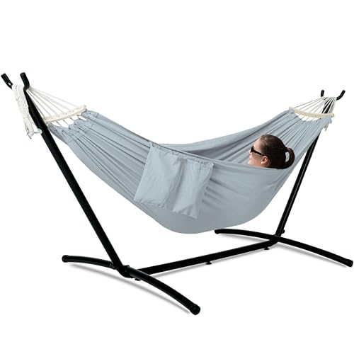 Gafete Double Hammock with Stand for Outside, Upgraded Spreader Bar, Heavy Duty Space Saving Steel Stand 2 Person, Side Pockets, Easy Assembly, 600lbs Weight Capacity, Indoor & Outdoor (Light Grey) - color: Light Grey