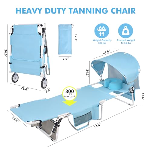 Wheel-To-Go Tanning Chair with Wheels Sun Canopy Umbrella Face Hole Thicker Washable Adjustable, Heavy Duty Folding Lay Flat Sun Lounge Chair Beach Outside Sunbathing Reading, UPF 50+ (Patent Design) - color: Light Blue, style: Standard Size + Sun Canopy