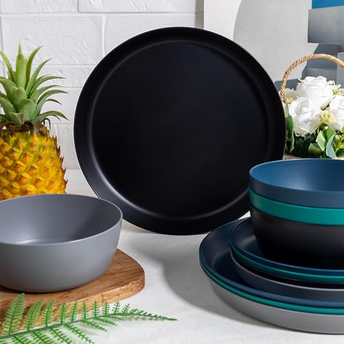 EI 12pcs Wheat Straw Plates,Plastic Plates Reusable,Unbreakable Plastic Plate,Wheat Straw Dinnerware Set,Melamine Plate-Black,Dark Grey,Dark Green,Dark Blue,Dinner, Camping,Picnic - color: Black,Drak Grey,Dark Green and Dark Blue Wheat Straw Plates and Bo