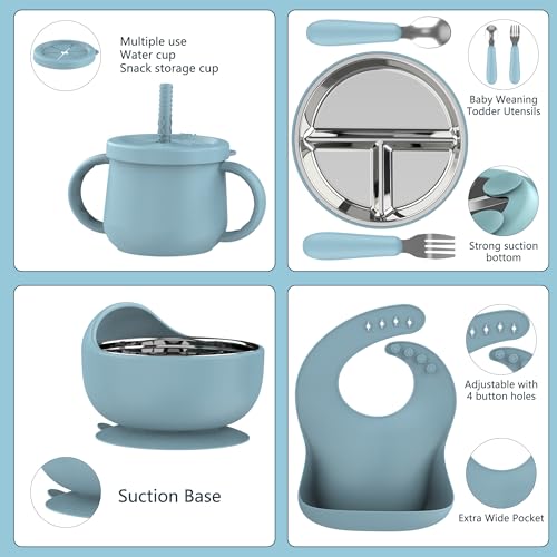 13 Pack Silicone Baby Feeding Set, BPA-Free Stainless Steel Toddler Feeding Supplies, Include Suction Plates, Baby Bowls, Silicone Fork & Spoon, and More, First Stage Baby Dish Set - 6+ Months - color: Blue