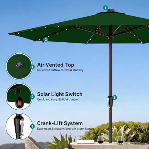 AreShark 11FT Large Patio Umbrella with Solar Lights, Lighted Solar Umbrella with Crank, Outdoor Table Market Umbrellas for Garden, Deck, Backyard, Pool and Beach, Dark Green - color: Dark Green, size: 11 Ft