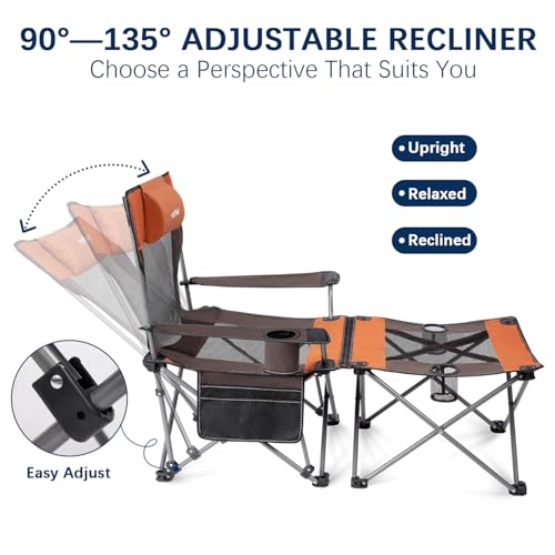 apollo walker Reclining Beach Chair, Adjustable 90-135° Backrest Camping Lounge Chairs for Adults, Folding Chair with Foot Rest & Detachable Pillow - Upgraded 8-Leg, Orange - color: Orange, style: 8-Leg