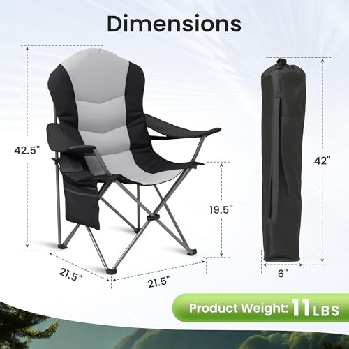 2 Pack Folding Camping Chairs for Adults - High Back Padded Outdoor Lawn Chairs with Lumbar Support & Cup Holder, 400lbs Heavy Duty Portable Camping Chairs Set (Light Black & Gray, 2 PCS) - color: Light Black & Gray, size: 2 Pcs