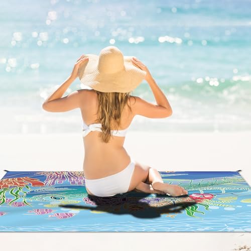 DPWCVM Beach Blanket Waterproof Sandproof Large Beach Mat 83" X 106" for 3-5 Adults Sand Free Mat Quick Drying,Lightweight & Durable with 4 Stakes & 4 Corner Pockets for Beach Camping - color: Sea Turtle, size: 83" X 106"