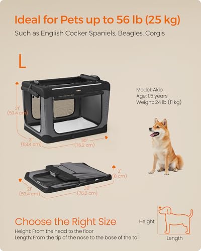 Feandrea Collapsible Dog Crate, 30-Inch Portable Dog Travel Crate for Medium Dogs, Oxford Fabric Pet Carrier with 4 Mesh Doors, Handles, Storage Pocket, Water Bottle Holder, Ink Black UPDC017B01 - size: L（30"L x 21"W x 21"H)