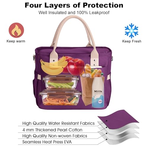 Hafmall Insulated Lunch Bag for Adults, Big lunch box for Womens, Wide Opening Insulated Tote Bag with Shoulder Strap, Reusable Adult Lunch Bag For Work, Picnic(Purple) - color: Purple