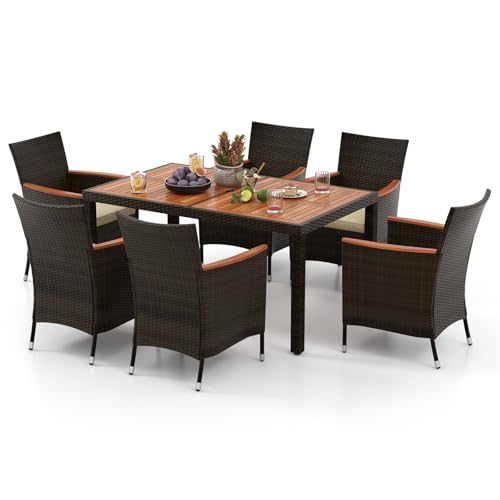 HAPPYGRILL 7 Pieces Rattan Wicker Patio Dining Set, Outdoor Dining Set with Cushions, Large Dining Table with Acacia Wood Top, Outside Dining Furniture Set with Umbrella Hole - color: Mix Brown & Beige