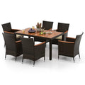 HAPPYGRILL 7 Pieces Rattan Wicker Patio Dining Set, Outdoor Dining Set with Cushions, Large Dining Table with Acacia Wood Top, Outside Dining Furniture Set with Umbrella Hole - color: Mix Brown & Beige