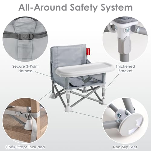 Tiny Marvels Portable Booster Seat, Foldable Baby High Chair with Removable Tray, Safety Harness & Carry Bag – for Toddlers Ages 6M-3Y, Ideal for Dining, Travel, Camping & Family Time - color: Grey