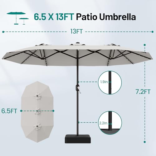 AreShark 13 FT Patio Umbrella with Solar Lights, Double-Sided Outdoor Table Umbrellas with Crank, Large Rectangular Market Umbrella for Porch, Lawn, Pool, Backyard, Light Gray - color: Light Gray, size: 6.5x13 Ft
