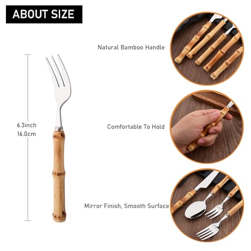 8 PCS Small Fork, 6.3 Inches Stainless Steel Dessert Forks with Bamboo Handle, Kitchen Flatware Cutlery Set, Use for Tasting Cakes Fruits and Appetizer, Mirror Polished - color: 8-Piece Cake Fork