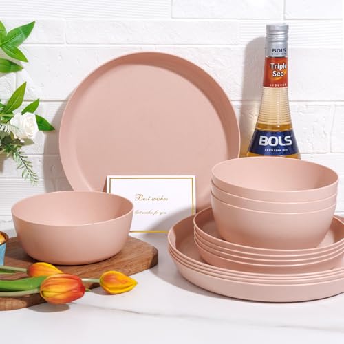 EI 12pcs Pink Wheat Straw Plates,Wheat Straw Dinnerware Set for 4,Plates and Bowls Sets,Plastic Plate Reusable,Unbreakable Plastic Plate Melamine,Camping Family Dishes Set - color: Pink Wheat Straw Plates and Bowls