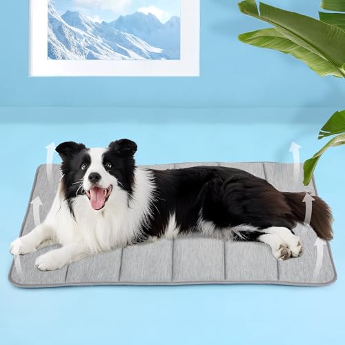 Cooling Dog Mat Q-Max>0.5 - Rapid Cooling Tech, Thin Breathable Crate Pad, Portable Washable Summer Mat, Chill Soothing Fabric - 35"x23" Large Dog, Grey - color: Grey, size: 35"L x 23"W x 0.8"H