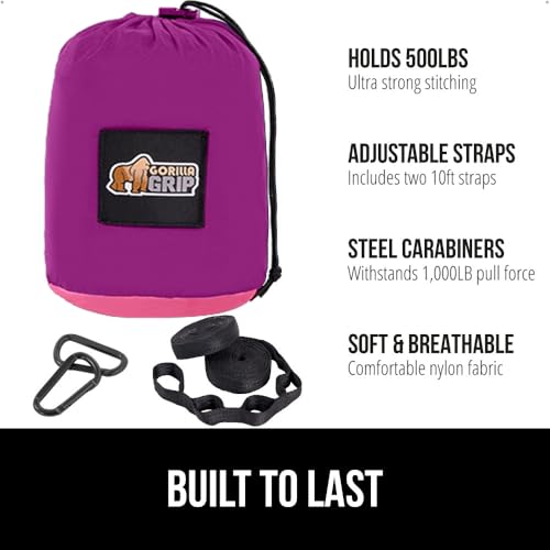 GORILLA GRIP Durable Camping Hammock with Heavy Duty Tree Straps, Portable Hammocks for Outside, Easy to Use Travel Swing Chair, Outdoor Camper Hiker Essentials, Backpacking Gear Gifts, Double, Purple - color: Purple/Pink, size: Double (10' x 6.5')