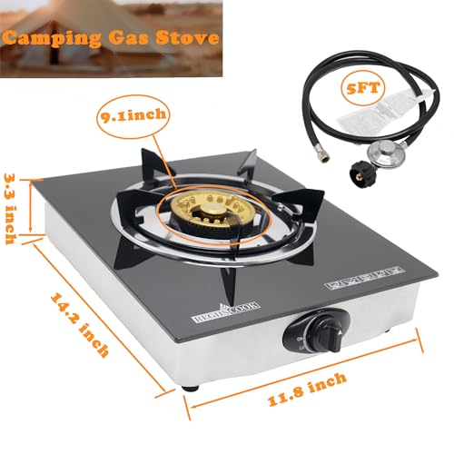 1 Burner Propane Gas Cooktop,Camping Portable LPG Gas Stove, Auto Ignition Tempered Glass Countertop Regulator and Burner Grate - color: Glass