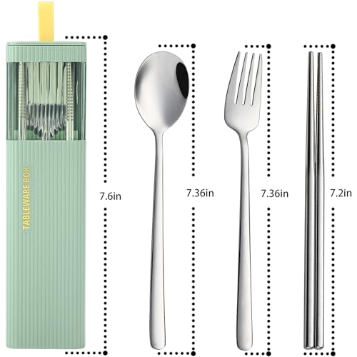 DEVICO Travel Utensils with Case, 18/8 Stainless Steel Reusable Silverware Set for Lunch Box, Portable Cutlery Set, Fork and Spoon Set for Camping, Lunch, Picnic, Workplace, School (Green) - color: Green