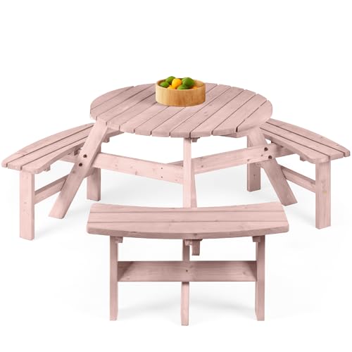 Best Choice Products 6-Person Circular Outdoor Wooden Picnic Table for Patio, Backyard, Garden, DIY w/ 3 Built-in Benches, 500lb Capacity - Rose Quartz - color: Rose Quartz
