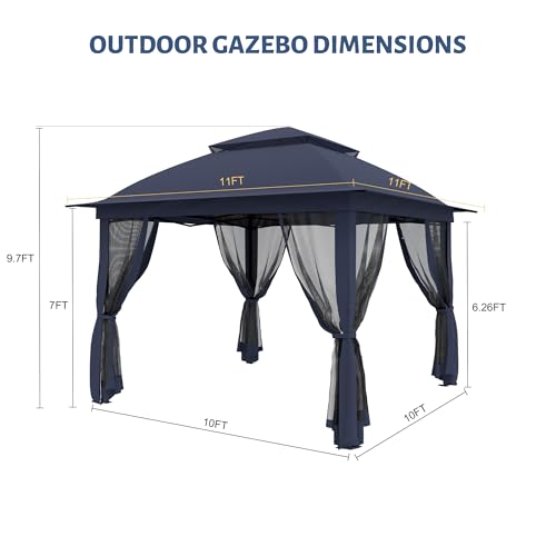 11'X11' Gazebo Pop Up with 4 Sidewalls Mosquito Netting, Heavy Duty Patio Gazebo Canopy Tent with Double Air Roofs for Backyards, Patios, Decks, Gardens, Parks - color: Dark Blue Top