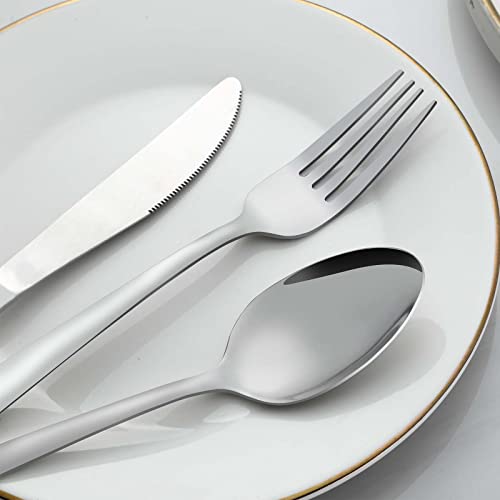 24 Pcs Forks and Spoons Silverware Set, Food Grade Stainless Steel Flatware Cutlery Set for Home, Kitchen and Restaurant, 12 Dinner Forks and Dinner Spoons, Mirror Polished & Dishwasher Safe - color: Silver