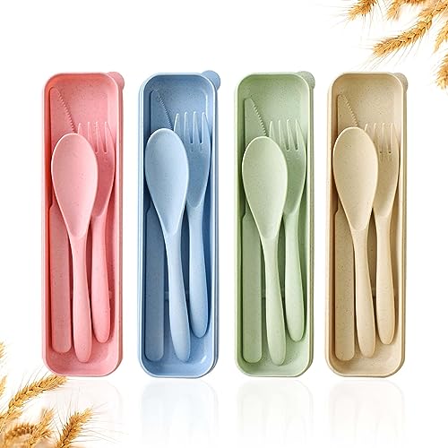 Travel Utensils with Case, 4 Sets Wheat Straw Portable Travel Cutlery Set, Reusable Fork Spoons Knife Tableware Camping Utensil Sets for Kids Adults Picnic or Daily Use, Dishwasher Safe
