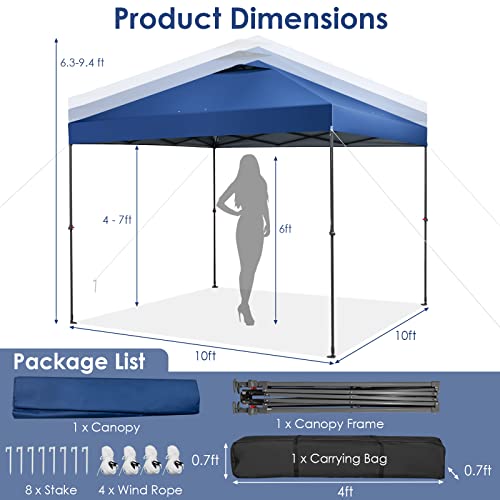 Tangkula 10x10 Ft Pop Up Canopy, Easy Set-up Instant Tent with Center Lock, Carry Bag, Rotatable Feet, 8 Stakes, 4 Ropes, Outdoor Canopy Tent for Beach, Camp, Patio, Market (Blue) - color: Blue, size: 10x10FT