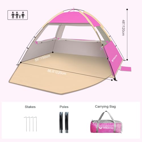Venustas Beach Tent Sun Shelter for 3/4/6/8 Person, UPF 50+ UV Protection Beach Canopy, Lightweight and Easy Setup Cabana, Portable Shade Tent - color: Pink, size: 3 Person