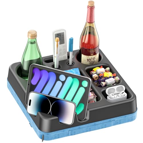 Couch Cup Holder Tray Couch Cup Holder Pillow Bed Tray Snack Sofa Bed Caddy Organizer Beach Sofa Drink Holder Anti-Spill Portable Snack Caddy Couch Remote Holder for Phone Pad Kindle Beverage Blue - color: Blue