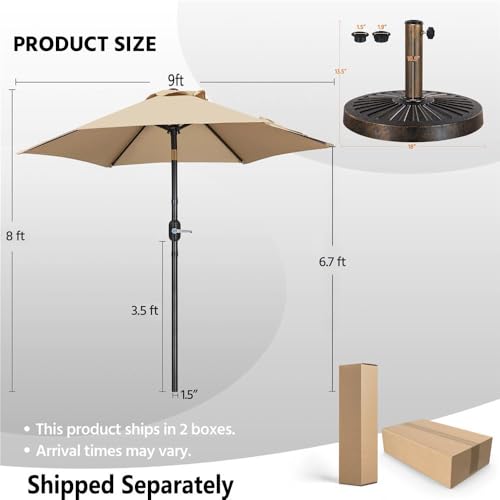 Yaheetech 9FT Patio Umbrella Outdoor with Heavy Duty Base Included,Table Umbrella with Push Button Tilt and Crank, UV Protection Waterproof for Yard/Outdoor/Wedding Parties and Events - Tan - color: Tan, size: 9FT