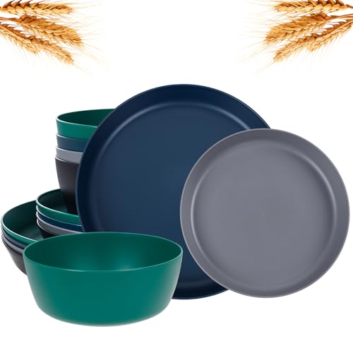 EI 12pcs Wheat Straw Plates,Plastic Plates Reusable,Unbreakable Plastic Plate,Wheat Straw Dinnerware Set,Melamine Plate-Black,Dark Grey,Dark Green,Dark Blue,Dinner, Camping,Picnic - color: Black,Drak Grey,Dark Green and Dark Blue Wheat Straw Plates and Bo