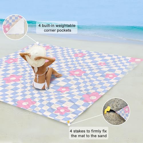 Beach Blanket Waterproof Sandproof Extra Large 8 Ft X 7 Ft for 4 Adults Oversized Sand Free Beach Mat with 4 Corner Pockets and Stakes Portable for Beach Picnic Travel Camping (Pink Purple) - color: Pink Purple, size: 8 X 7 FT(1-4 Person)