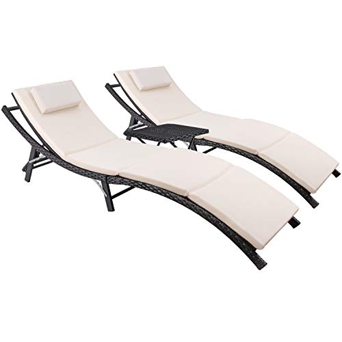 Devoko Patio Chaise Lounge Sets Outdoor Rattan Adjustable Back 3 Pieces Cushioned Patio Folding Chaise Lounge with Folding Table (Beige) - color: Beige