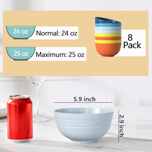 Homestockplus 24 OZ Wheat Straw Cereal Bowls Set of 8, Unbreakable & Reusable Bowls, BPA Free Eco Friendly, Microwave & Dishwasher Safe, Multi Color Bowls for Ramen, Soup, Salad - color: Multicolor, size: 24 oz