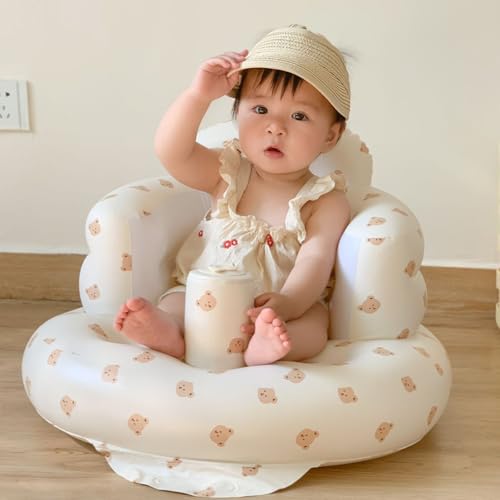 Inflatable Baby Seat - Infant Safety Support, Blow Up Baby Floor Seat with Built in Air Pump- Perfect for Travel, Beach, Camping - Ideal for Babies 3 Months and Up (Bear Cub) - color: Bear Cub