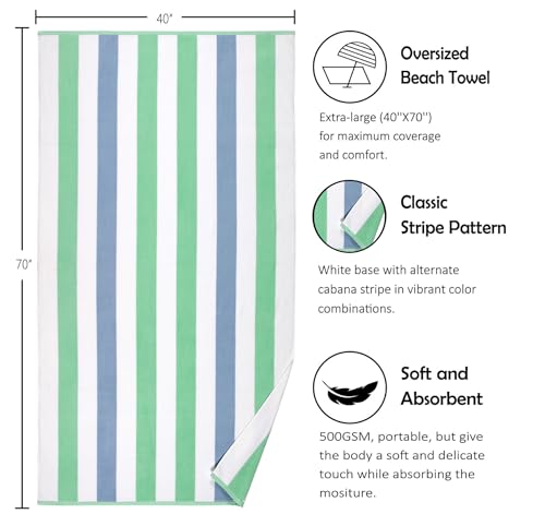Bornbay Cotton Oversized Beach Towel - Extra Large 40"X70" Big Cute Thick Pool Towel, XL Stitch Beach Towels Striped Mint Green Swimming Towel for Adults Mens Women - color: Mintgreen