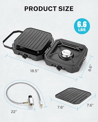 Gonex 2 Burner Propane Camping Stove with Griddle & Grates, Portable Foldable Cooking Stove with Total 16,000 BTU, Two Piezo Ignition Adjustable Burners for Camping, Patio, Emergency, Hiking (Black) - color: Black