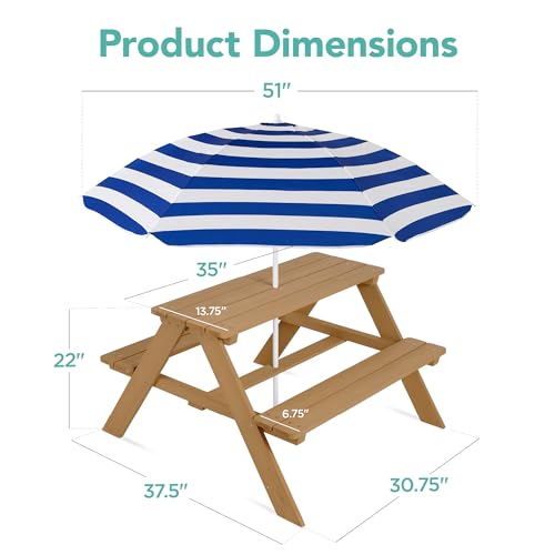 Best Choice Products Wooden Kids Picnic Table with Umbrella, Outdoor Activity Table Set with Built-in Benches, 220 lb Capacity per Bench - Natural/Navy - color: Natural/Navy