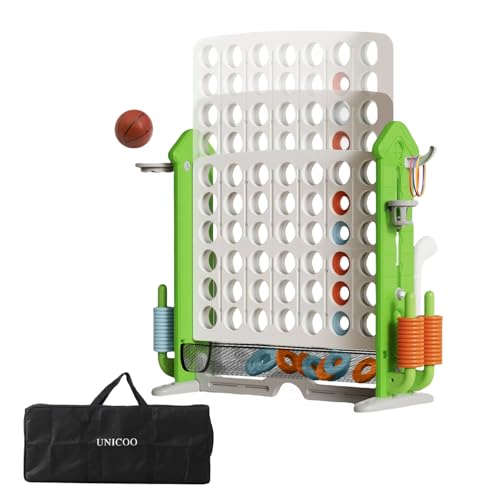 UNICOO Adjustable Height Giant 4-in-a-Row Game with Carry Bag, 4-in-1 Jumbo 4-to-Score Yard Game with Basketball Hoop, Ring Toss & Golf Set, Indoor Outdoor Family Party Game for Kids & Adults - color: Green & White