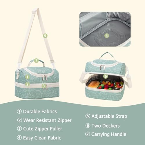 Insulated Kids Dual Compartment Lunch Bags Tote for Girls Boys Toddler Lunch Boxes Pre-School Toddler Kindergarten Picnic Camp Food Cooler Thermal with Strap - color: Green Dinos