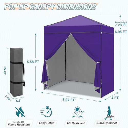 EAGLE PEAK 6x4 Instant Pop Up Canopy Tent with 4 Side Wall Panels, Straight Leg Sun Shelter, Portable Canopy with Carry Bag for Camping, Beach & Sports, Purple - color: Purple, size: Four Walls