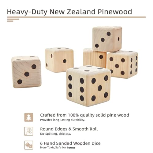 ApudArmis Giant Wooden Yard Dice, 3.5In Big Die Lawn Game Set with Scoreboard & Carrying Bag - Large Pine Wooden 6 Dice Backyard Game for Adults Family - color: Natural Wood