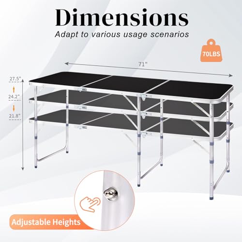 6.0 Ft Folding Portable Camping Table with Three Adjustable Heights, Tri-fold Outdoor Table, Outdoor Camping Kitchen, BBQ, Picnic, Cooking, Beach, Garden, Party, Black - color: Black, size: 6 FT
