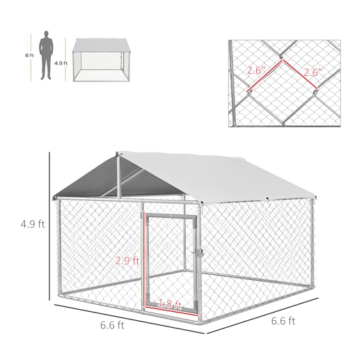 PawHut Outdoor Dog Kennel, Heavy Duty Dog Run Outdoor Fence with Waterproof Cover, Galvanized Chain Link, Secure Lock, for Large Breeds, Chickens, Ducks, 6.5' x 6.5' x 5' - size: 78.7"L x 78.7"W x 59.1"H