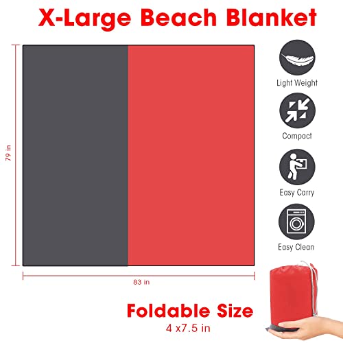 Beach Blanket XL Fast Drying Durable Lightweight Compact Outdoor Mat 83"x 79" - Sandproof Waterproof Picnic Mat for Travel, Camping, Hiking (Red) - color: Red