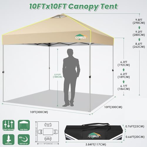 COBIZI 10x10 Pop Up Canopy Tent Without Removable Sidewalls, One Push Party Tent Outdoor Waterproof Event Canopy with Air Vent for Parties Commercial Wedding, 3 Height, Carry Bag, Sandbag, Khaki - color: Khaki, size: 10x10FT