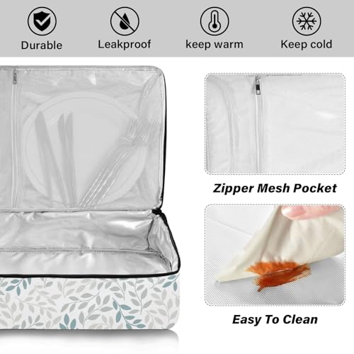 Leaves Blue Gray White Pizza Bag Thermal Tote Plants Natural Flowers Insulated Casserole Cookware Carrier for Hot or Cold Food Fits 15" x 11" Baking Dish for Pockluck, Parties, Picnic, and Cookouts - color: Leaves