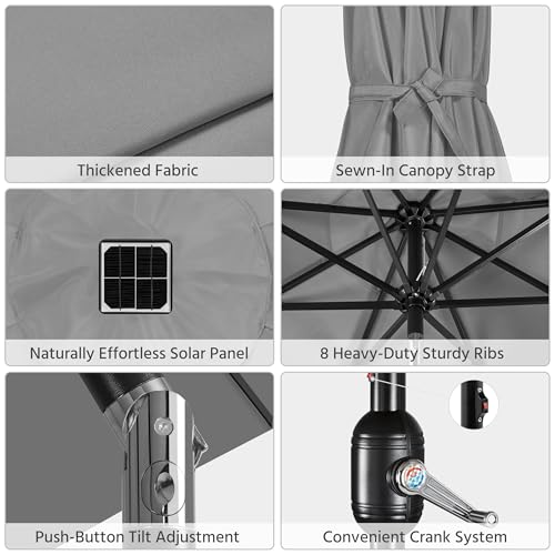 Yaheetech 11FT Solar Powered Umbrella Outdoor Patio Umbrella with 32 LED Lights and 8 Ribs - UV Protection Table Sunshade for Pool, Deck, Yard, Gray - color: Gray, size: 11FT