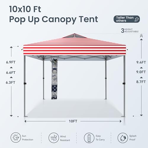 PHI VILLA 10x10 Pop Up Canopy Tent - One Push Setup, Instant Shade Tent with Vented Roof for Beach & Events - Includes Storage Bag, Sandbags, Stakes & Ropes (American Flag) - color: American flag, size: 10×10 one push